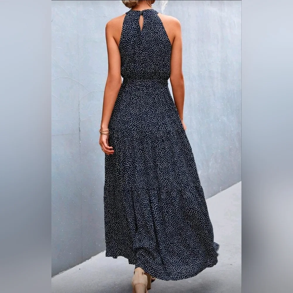 NEW Chic Dot Print Tiered Ruffle Halter Maxi Dress Navy Blue White - Picture 4 of 9
